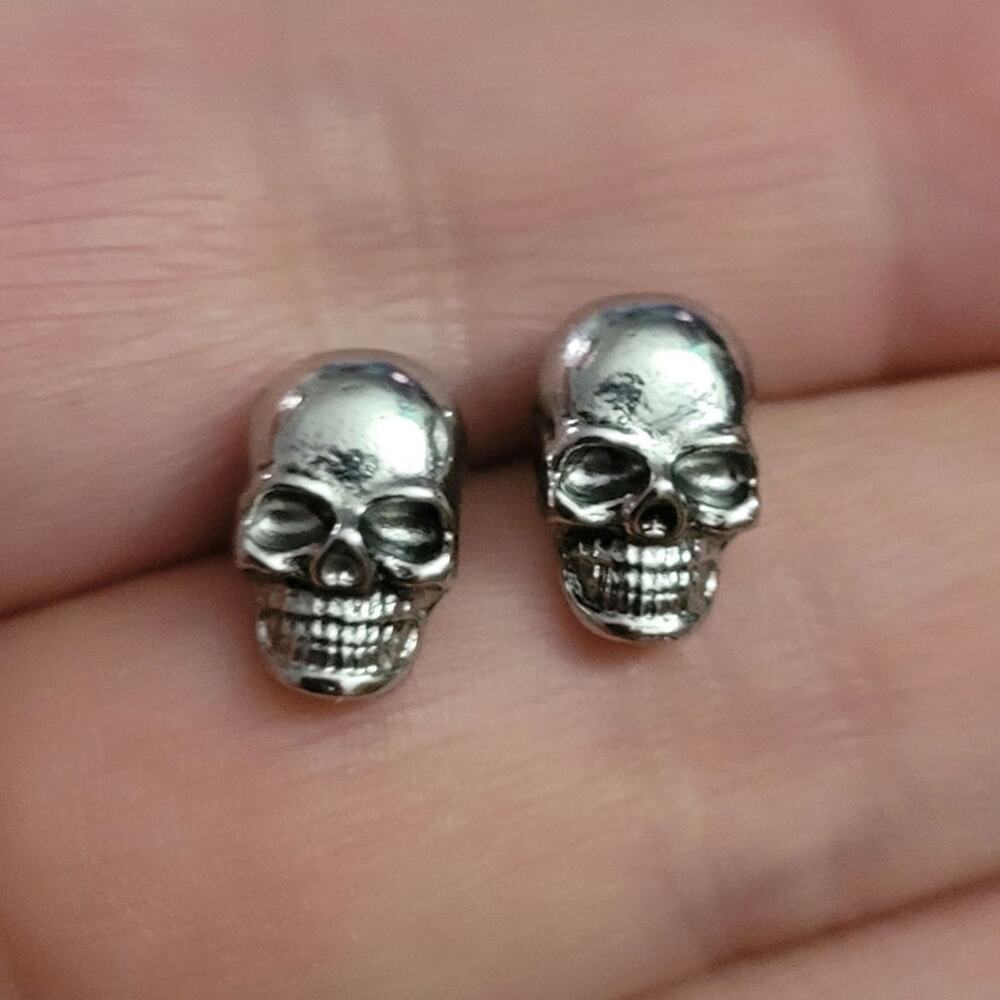 Men's Gothic skull face silver tone post stud earrings